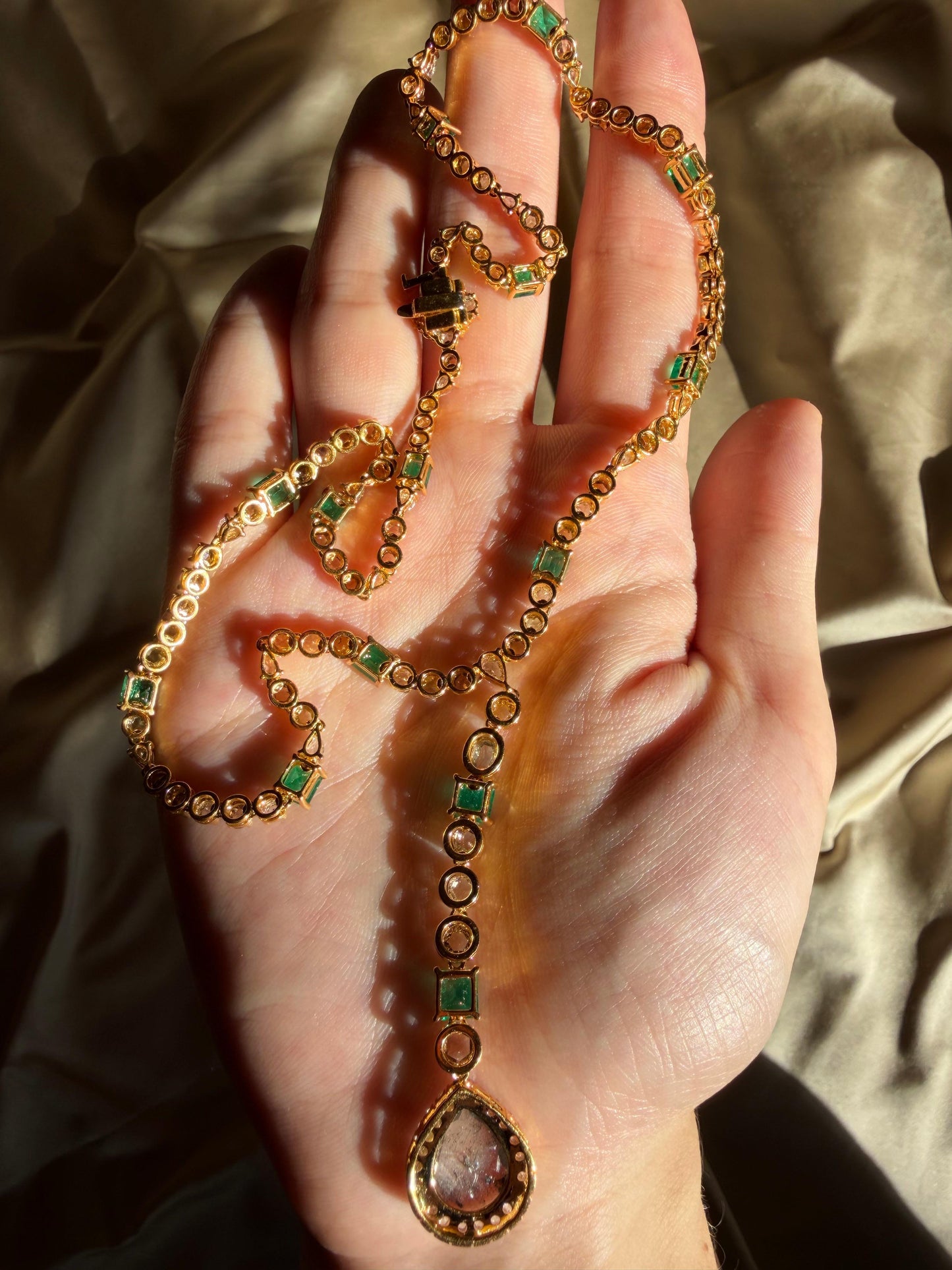 18k Yellow Gold Emerald, and Multicolor Diamond Y Drop Necklace