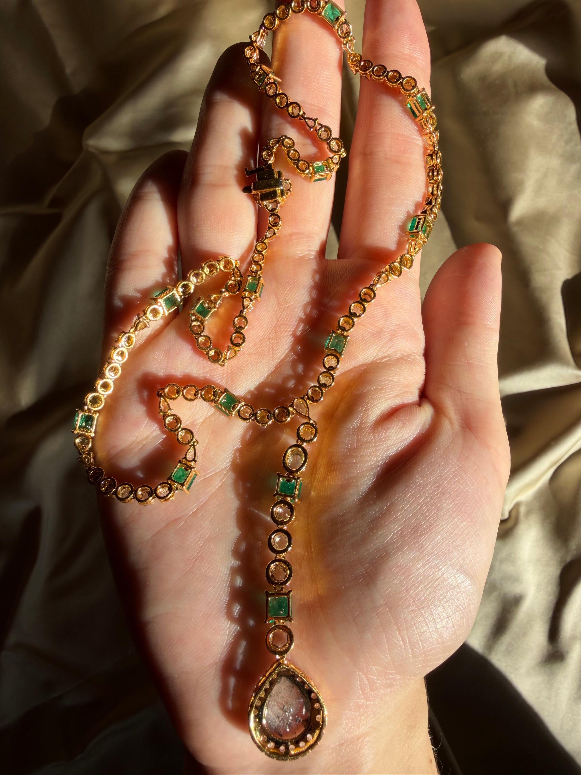 18k Yellow Gold Emerald, and Multicolor Diamond Y Drop Necklace