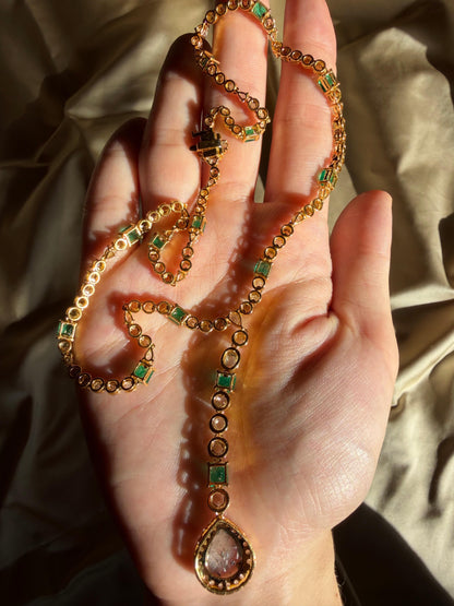 18k Yellow Gold Emerald, and Multicolor Diamond Y Drop Necklace