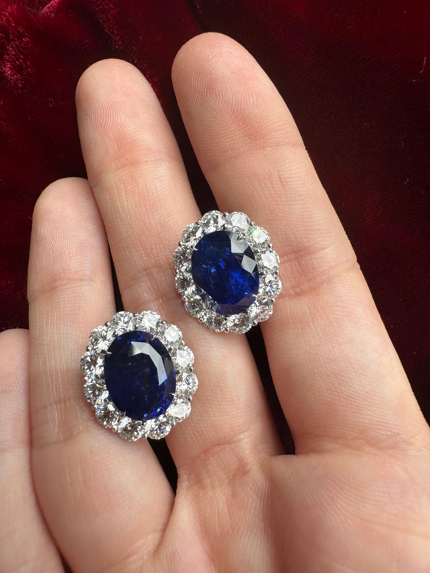 Platinum Sri Lanka Heated Sapphire and Diamond Cluster Earrings