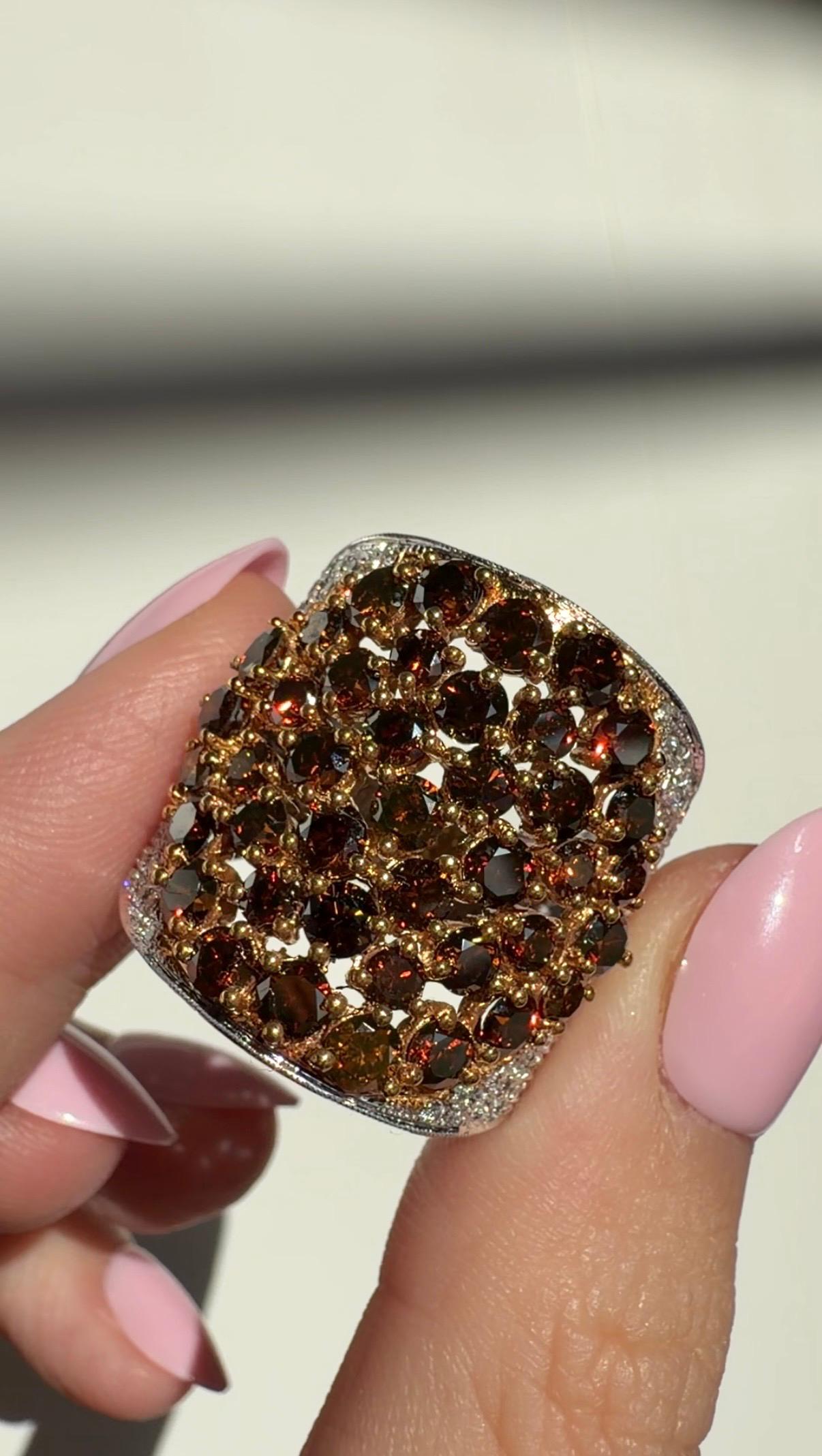 18K Two Tone White and Brown Diamond Wide Band Ring - Size 6.75