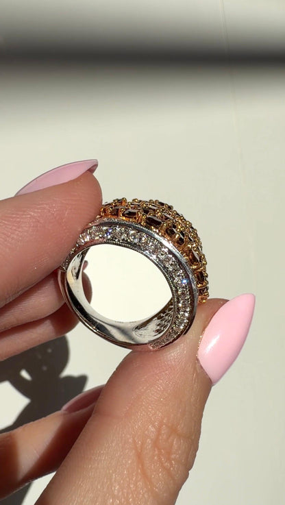 18K Two Tone White and Brown Diamond Wide Band Ring - Size 6.75