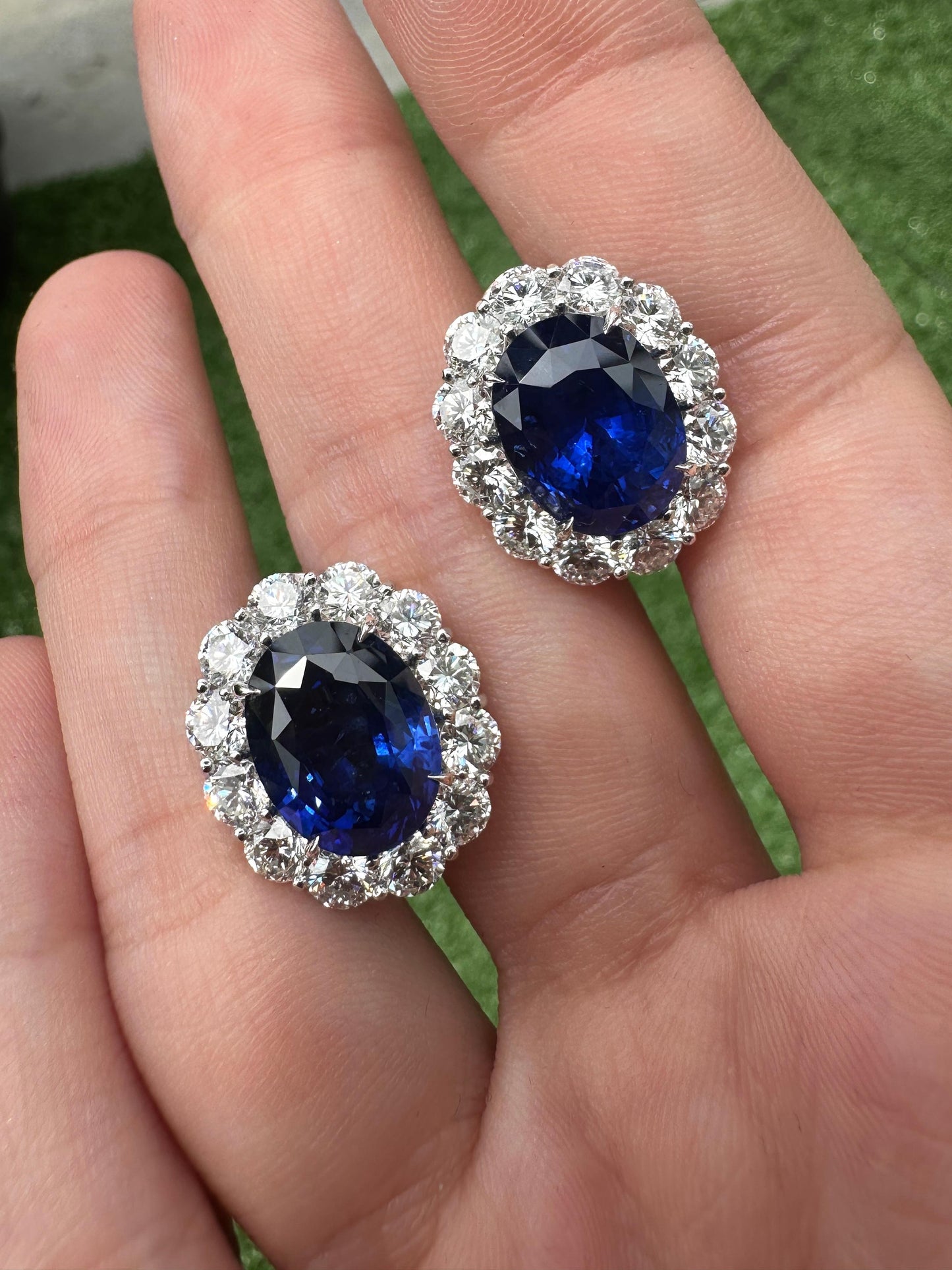 Platinum Sri Lanka Heated Sapphire and Diamond Cluster Earrings