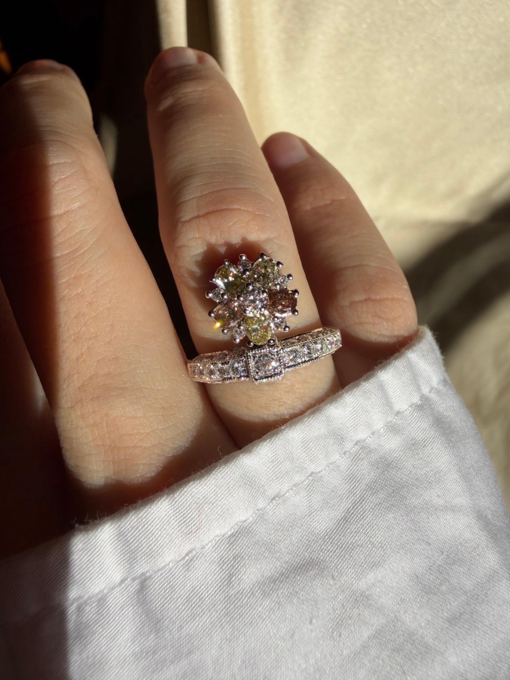 18k White Gold White and Brown Diamond Tiara Ring
