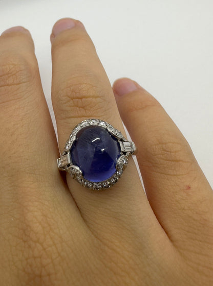 Platinum Art Deco Diamond and Cabochon Sapphire Ring