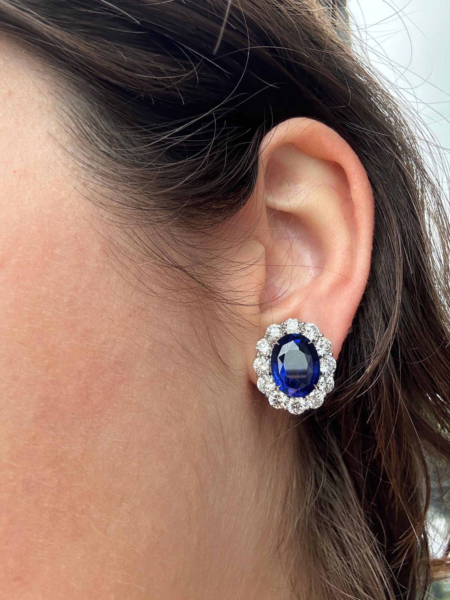 Platinum Sri Lanka Heated Sapphire and Diamond Cluster Earrings