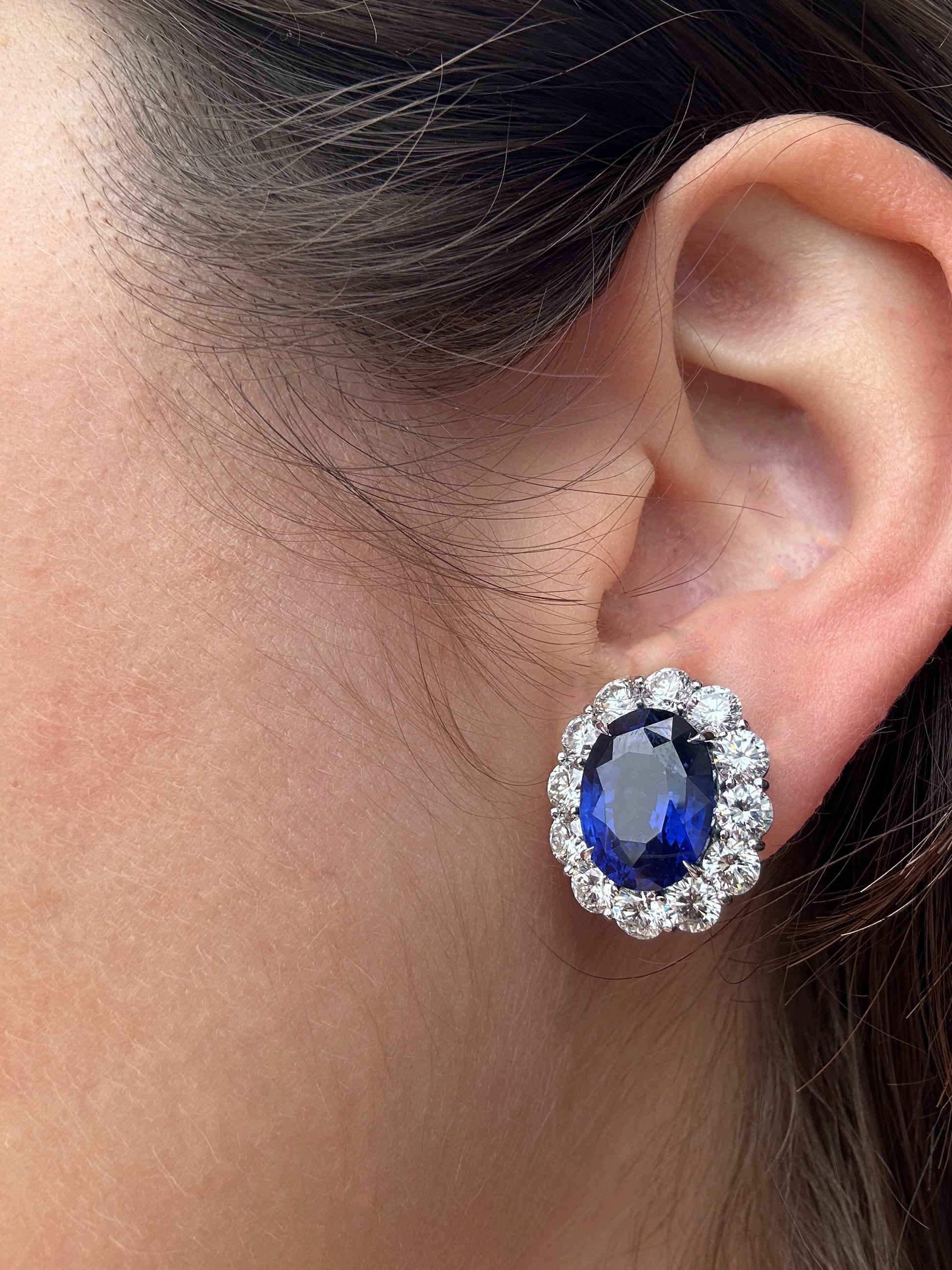 Platinum Sri Lanka Heated Sapphire and Diamond Cluster Earrings