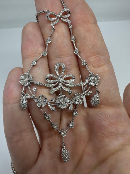 18K White Gold Diamond Bow and Floral Necklace