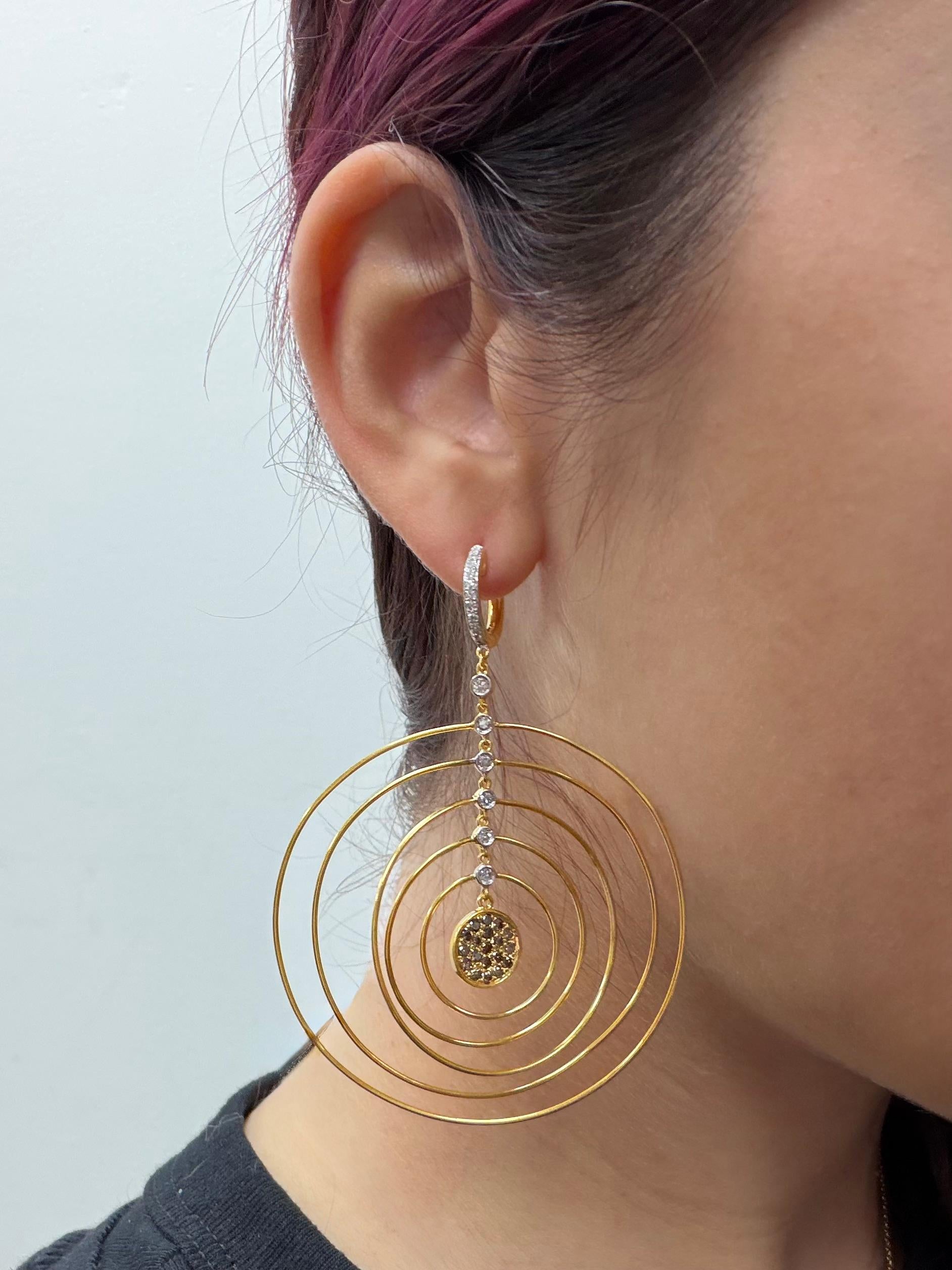 18K Yellow Gold White & Brown Diamond Concentric Circle Drop Earrings