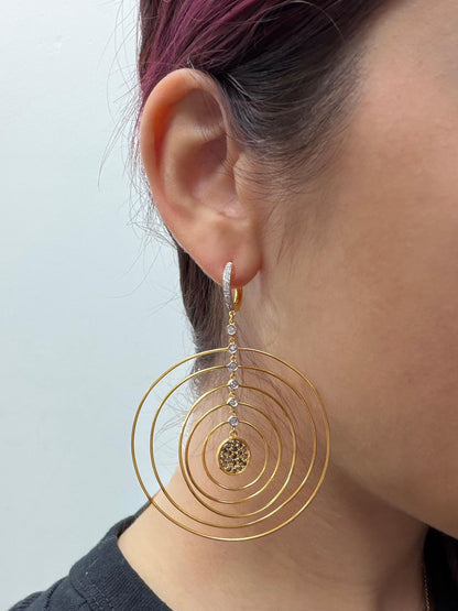 18K Yellow Gold White & Brown Diamond Concentric Circle Drop Earrings