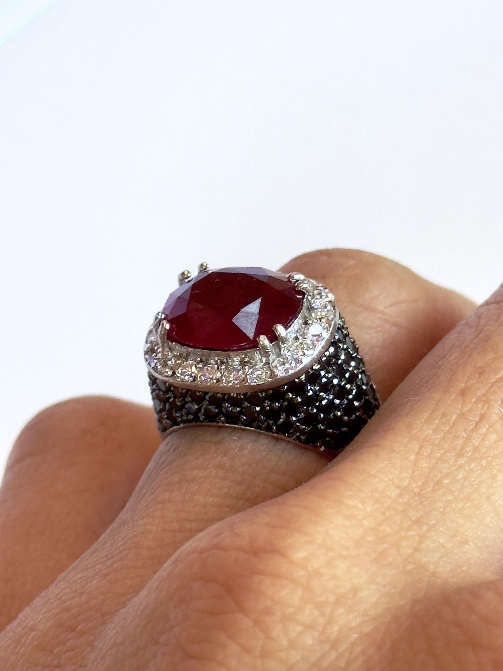 18k White Gold 5.11 Carat Checkered Ruby and Black and White Diamond Ring