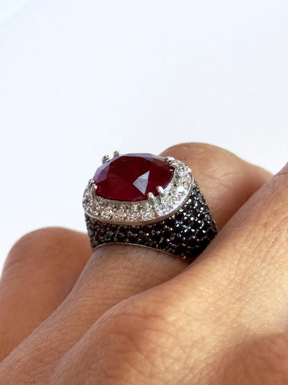 18k White Gold 5.11 Carat Checkered Ruby and Black and White Diamond Ring