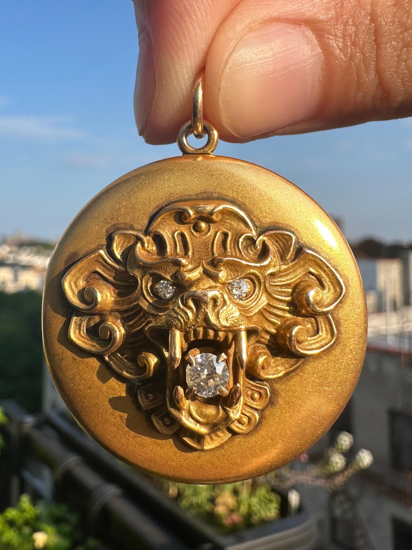 Yellow Gold and Diamond Estate Lion Locket Pendant