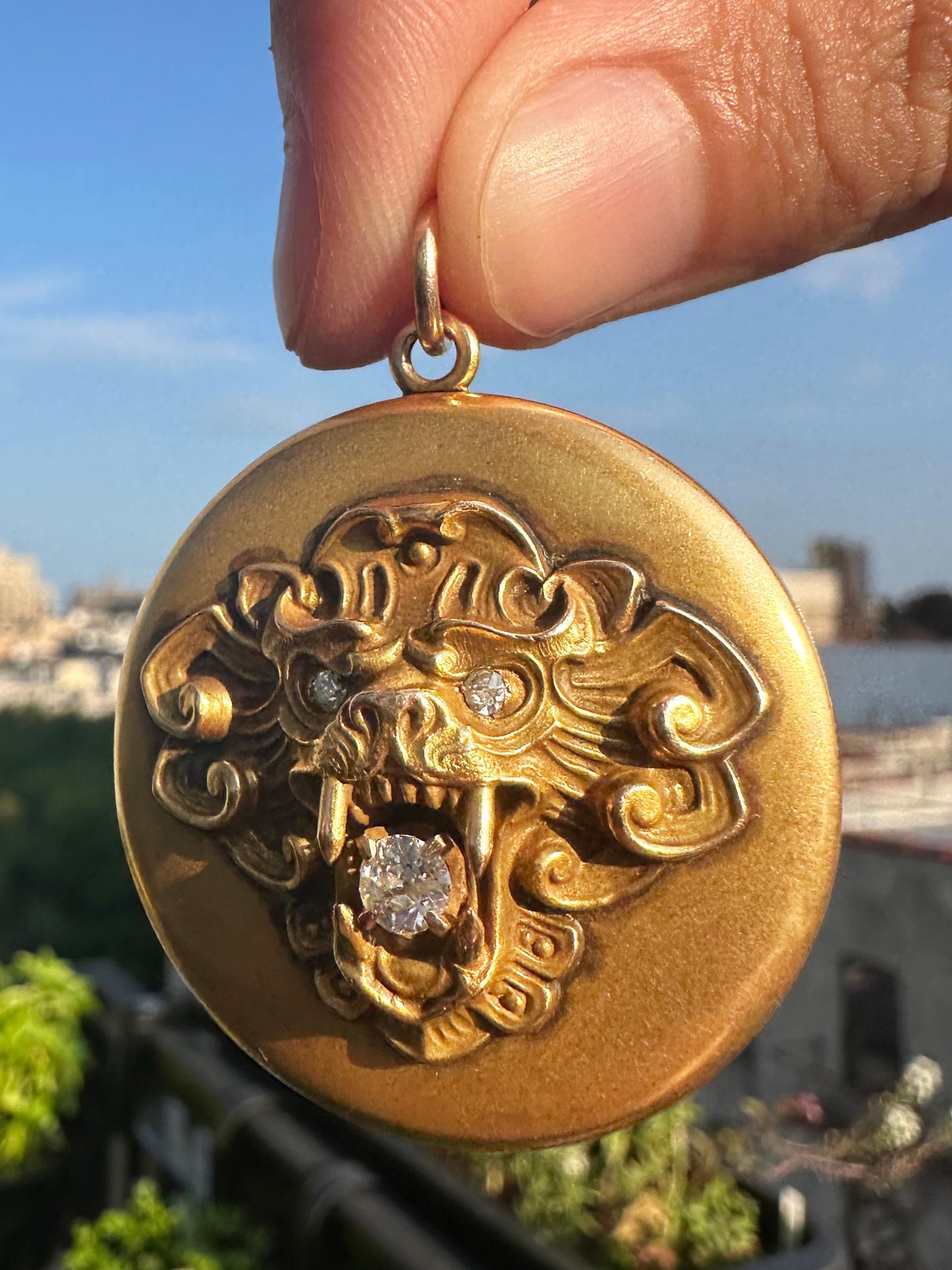 Yellow Gold and Diamond Estate Lion Locket Pendant