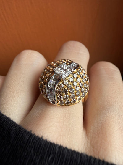 18k Yellow Gold White and Brown Diamond Ring - Size 6.75