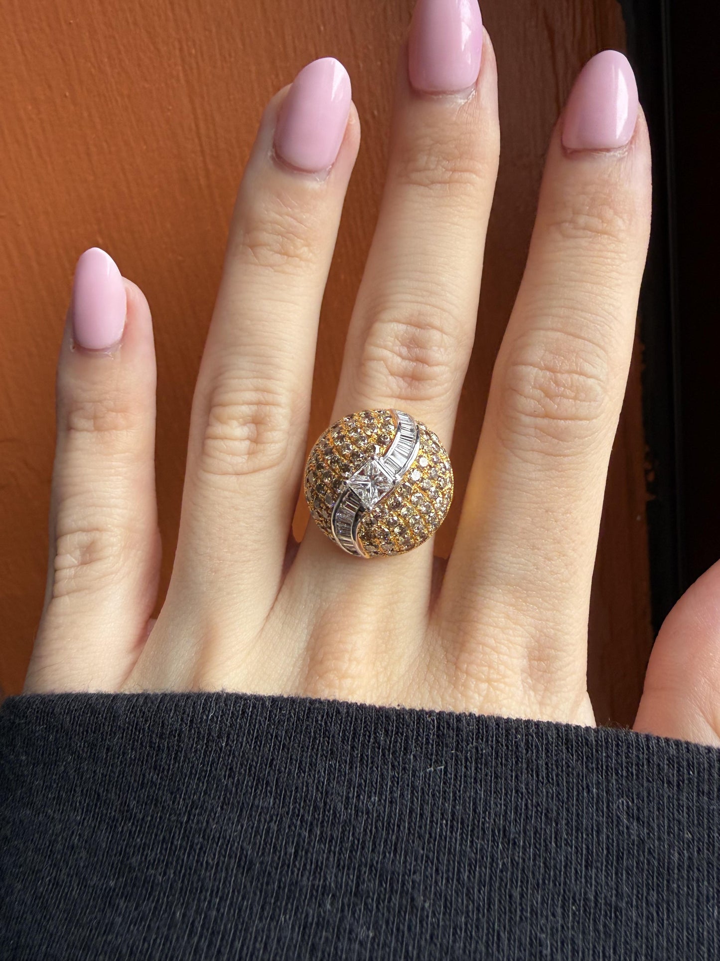 18k Yellow Gold White and Brown Diamond Ring - Size 6.75