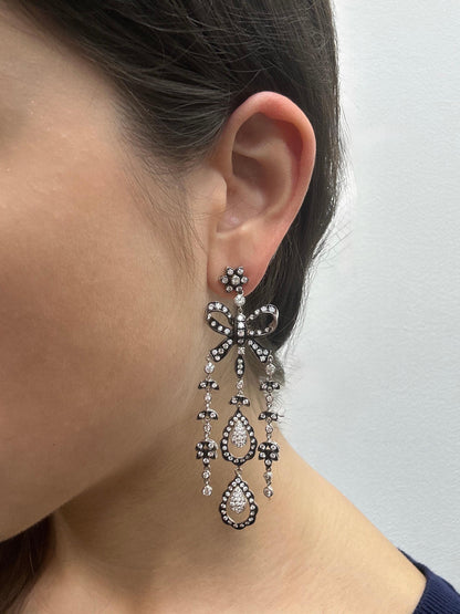 18K White Gold and Silver Top Rose Cut Diamond Drop Earrings