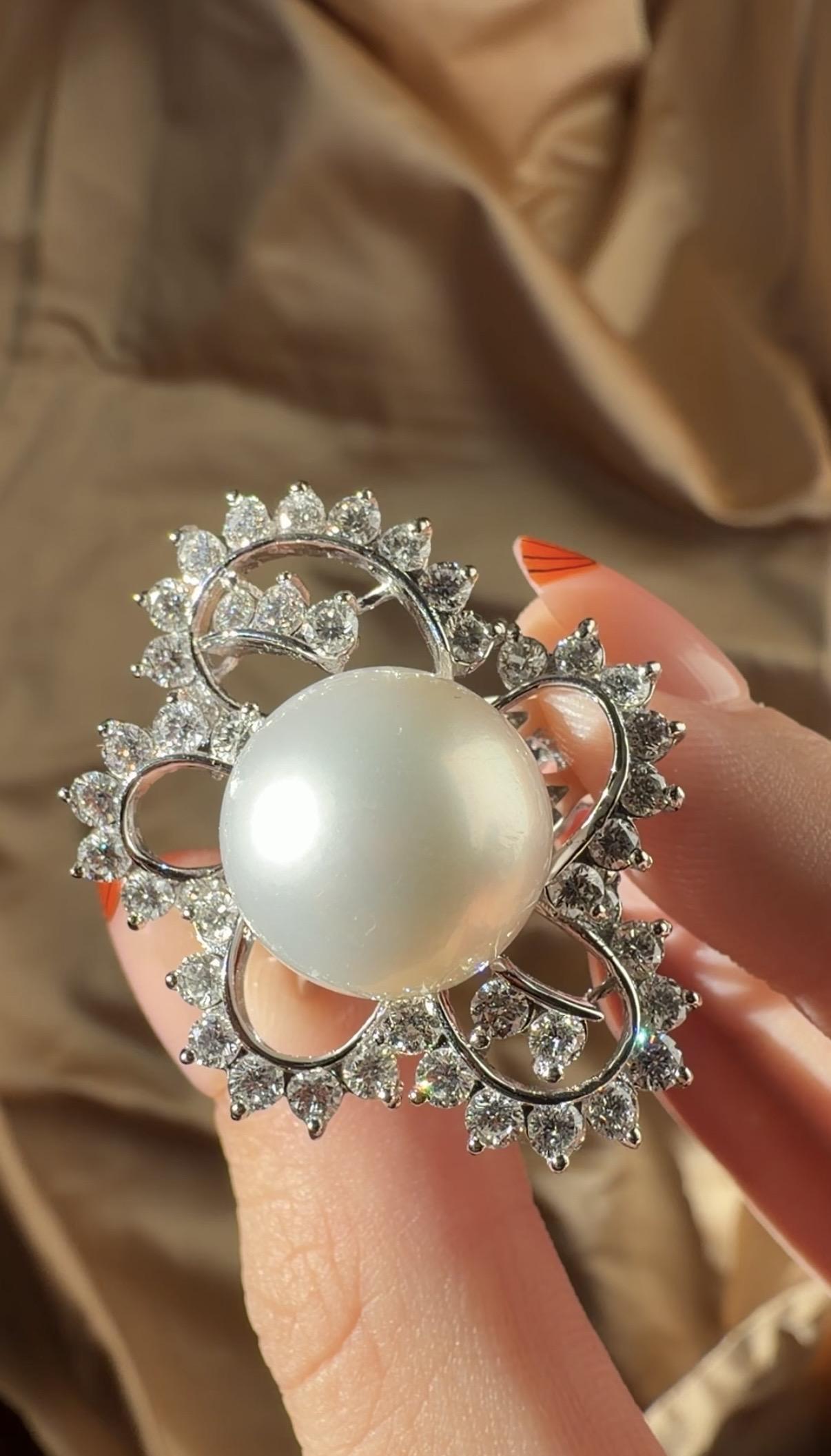 18K White Gold 2.48 Carat Diamond and South Sea Pearl Cocktail Ring - Size 7.5