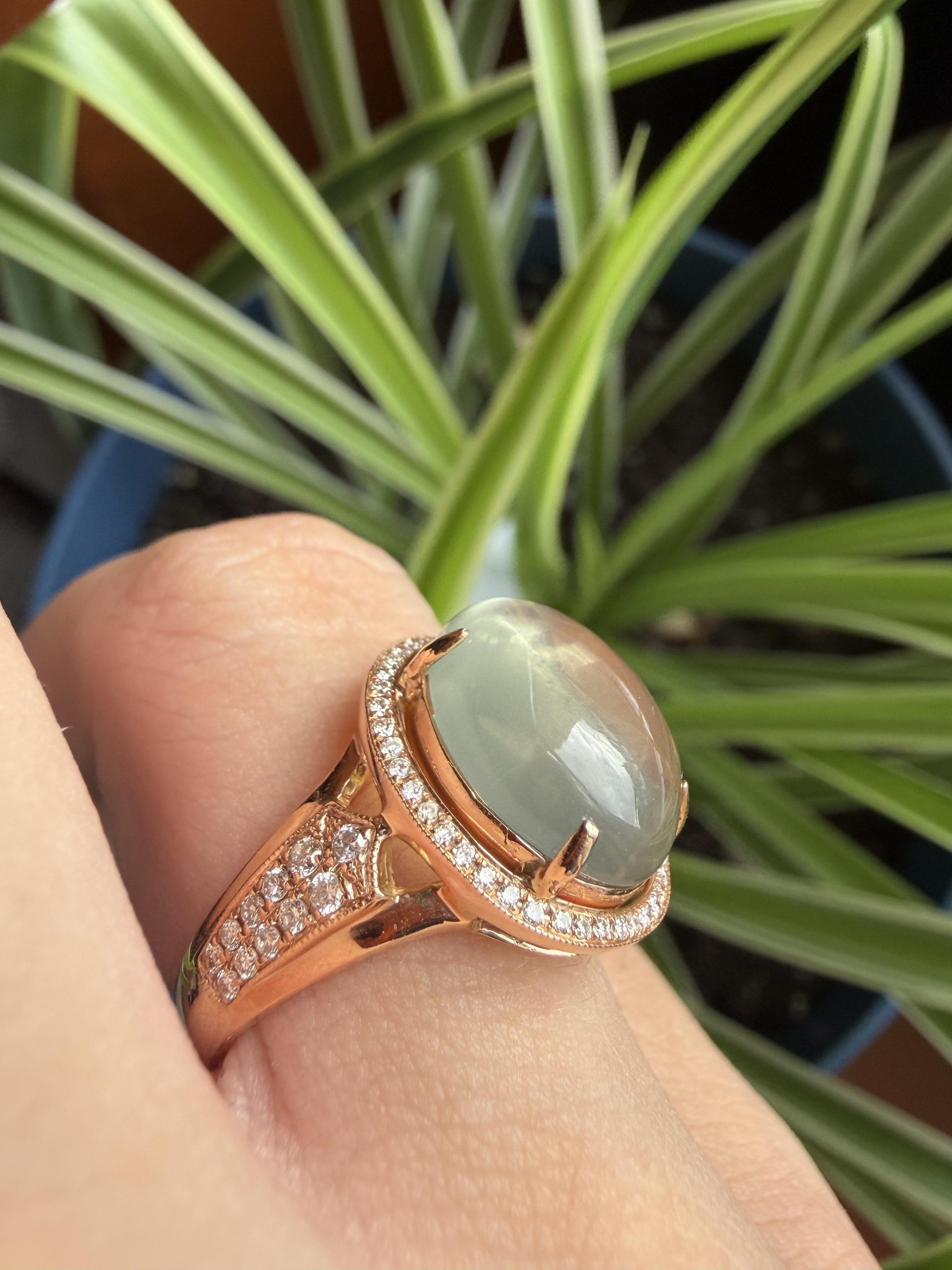 18K Rose Gold Diamond and 4.74 Carat Moonstone Ring