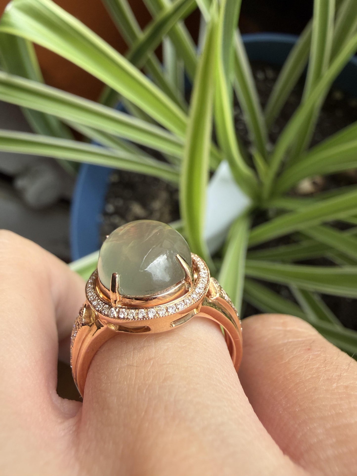 18K Rose Gold Diamond and 4.74 Carat Moonstone Ring