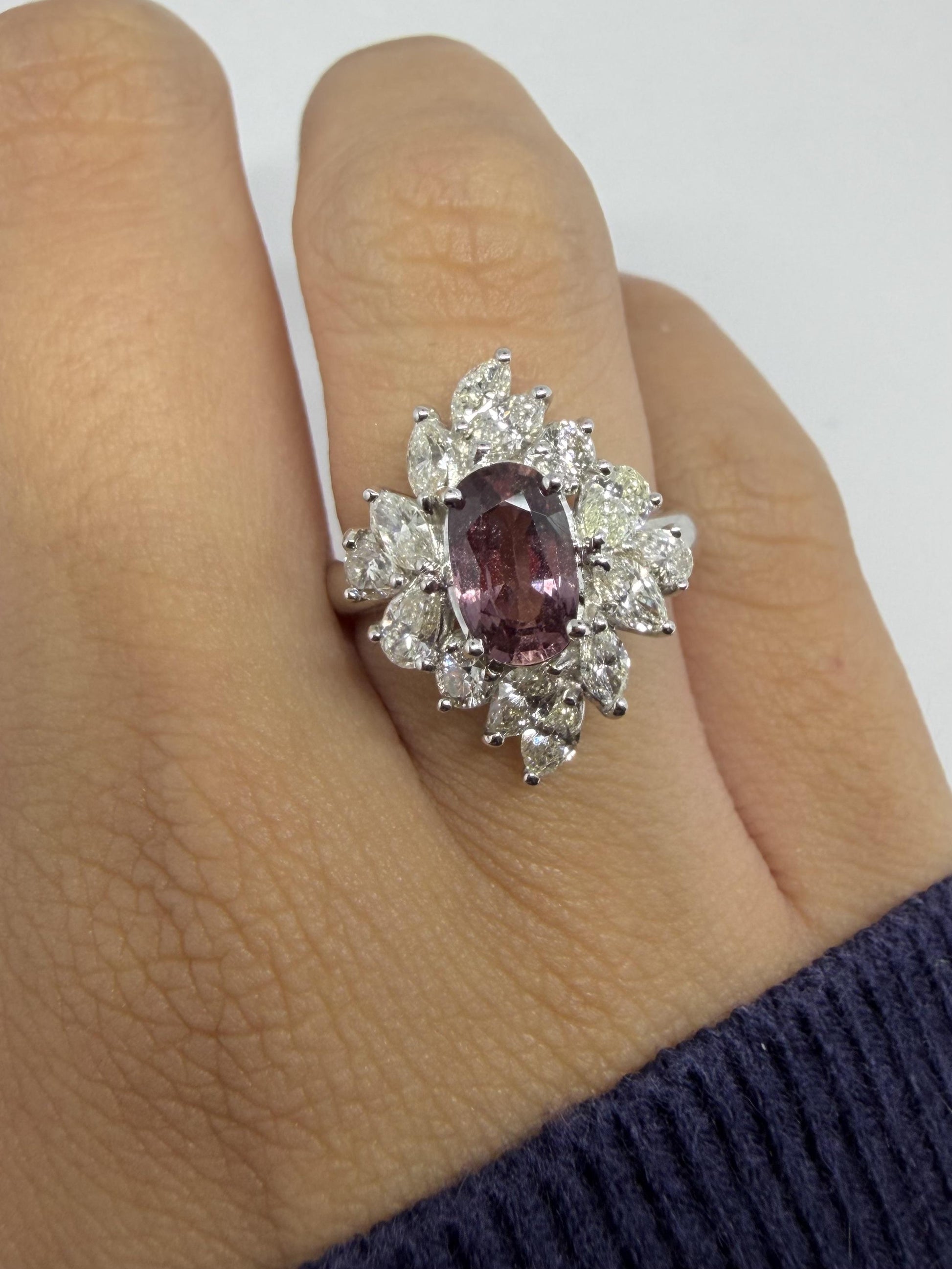 18K White Gold 1.62 Carat Purplish Pink Sapphire and Diamond Ring