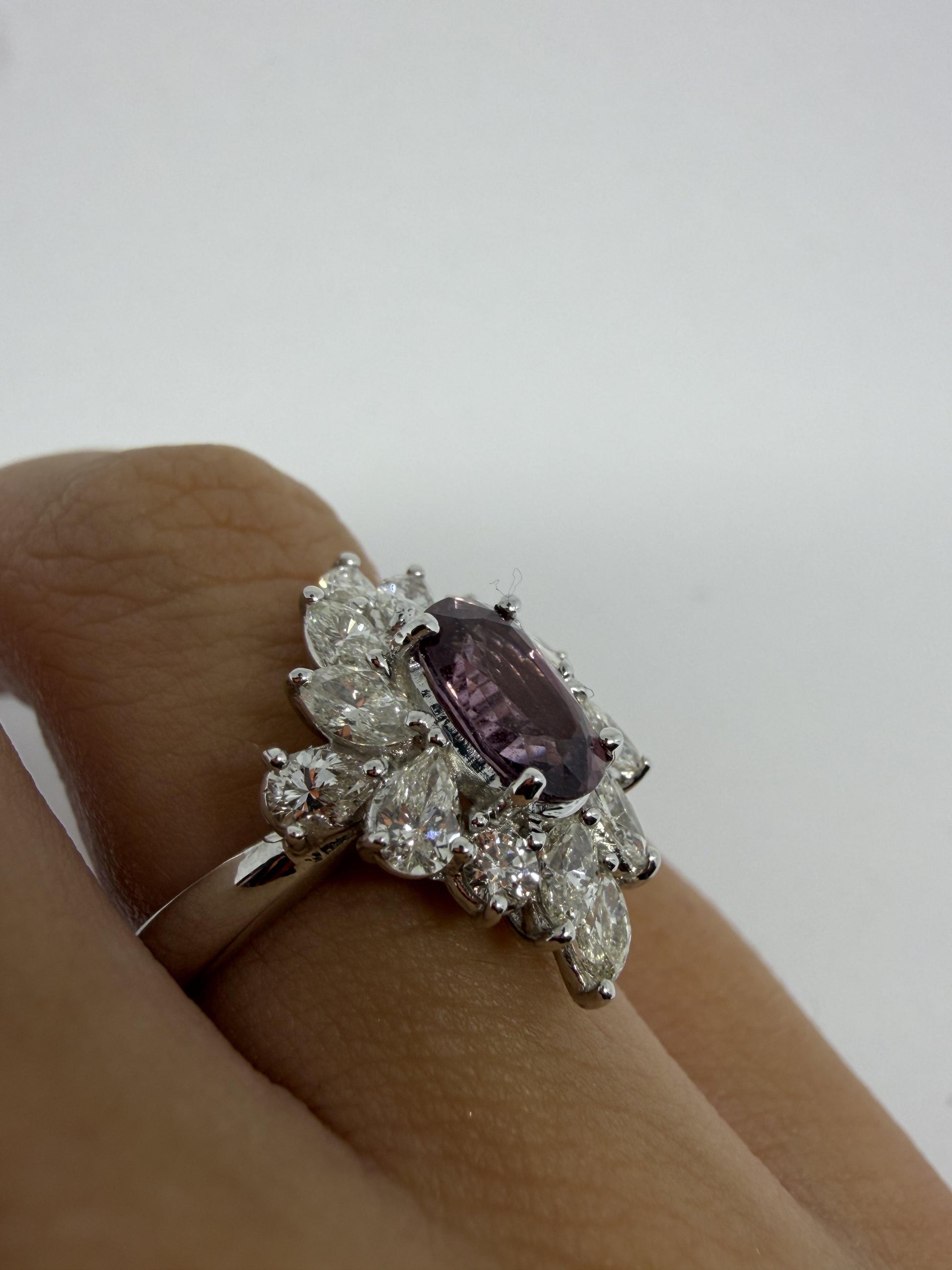 18K White Gold 1.62 Carat Purplish Pink Sapphire and Diamond Ring