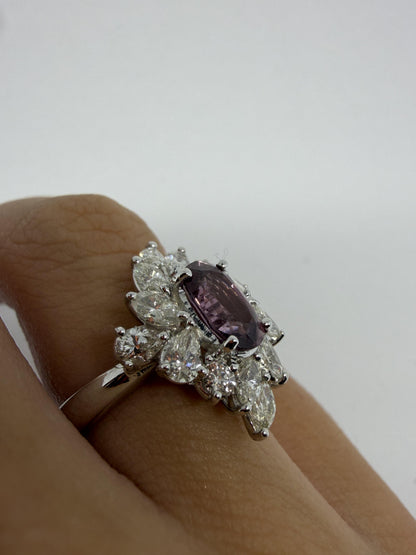 18K White Gold 1.62 Carat Purplish Pink Sapphire and Diamond Ring