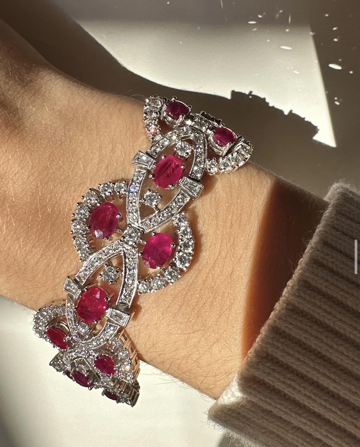 18K White Gold 15.98 Carat Oval Cut Ruby and Diamond Bracelet - 7.5 inches