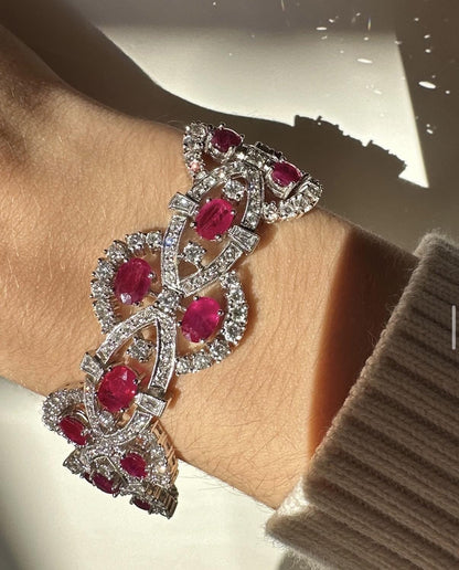 18K White Gold 15.98 Carat Oval Cut Ruby and Diamond Bracelet - 7.5 inches
