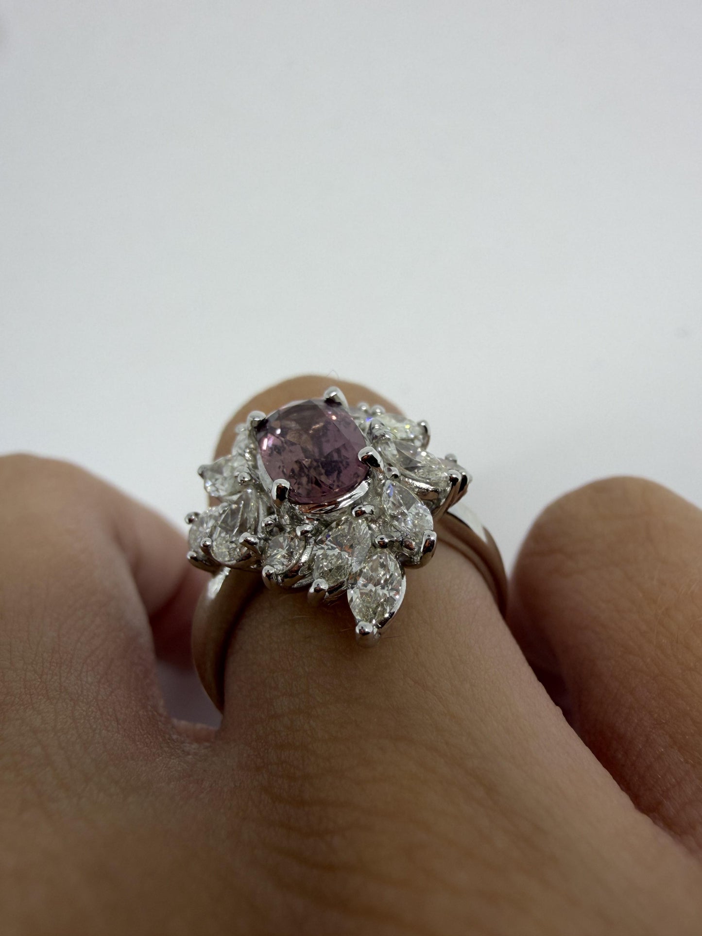 18K White Gold 1.62 Carat Purplish Pink Sapphire and Diamond Ring