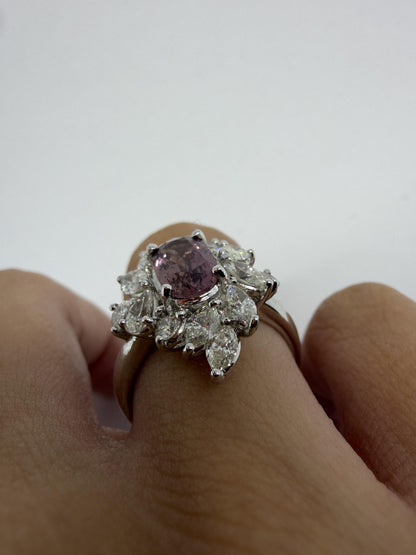 18K White Gold 1.62 Carat Purplish Pink Sapphire and Diamond Ring