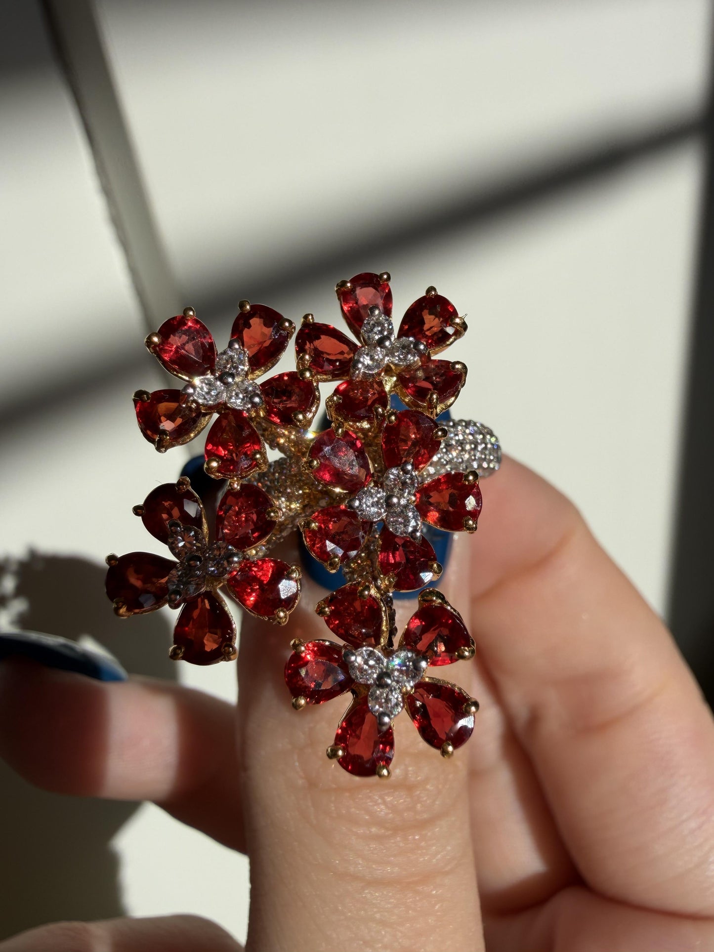 18K Yellow Gold 5.17 Carat Pear Cut Ruby and Diamond Flower Cocktail Ring
