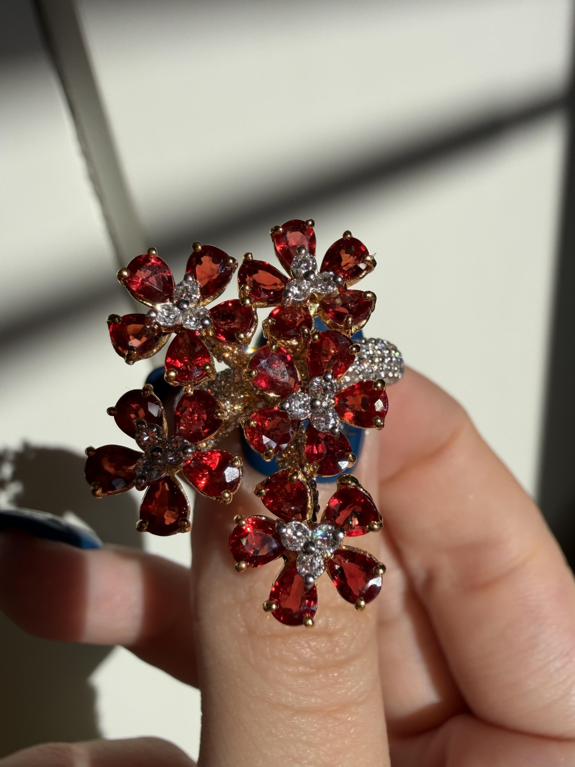 18K Yellow Gold 5.17 Carat Pear Cut Ruby and Diamond Flower Cocktail Ring