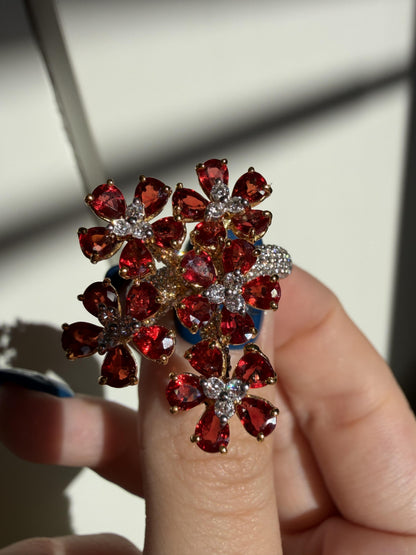 18K Yellow Gold 5.17 Carat Pear Cut Ruby and Diamond Flower Cocktail Ring