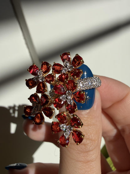 18K Yellow Gold 5.17 Carat Pear Cut Ruby and Diamond Flower Cocktail Ring