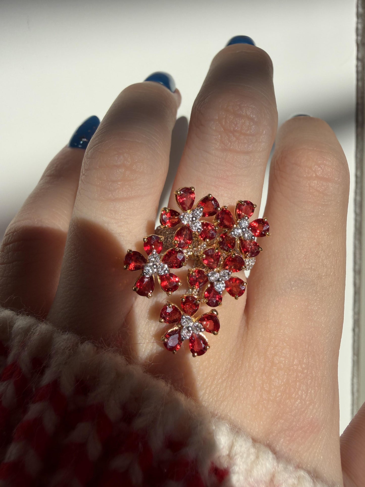18K Yellow Gold 5.17 Carat Pear Cut Ruby and Diamond Flower Cocktail Ring