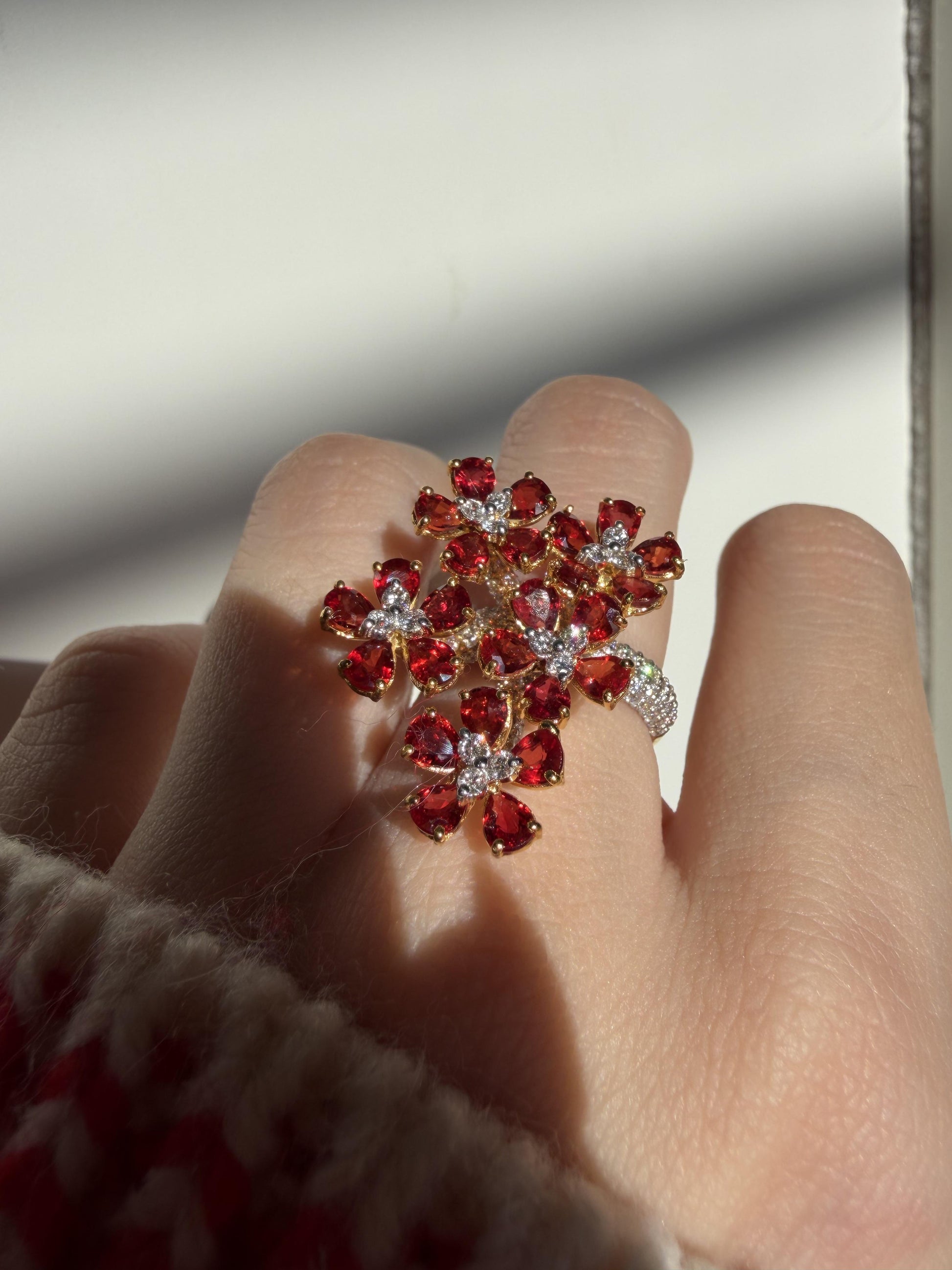 18K Yellow Gold 5.17 Carat Pear Cut Ruby and Diamond Flower Cocktail Ring