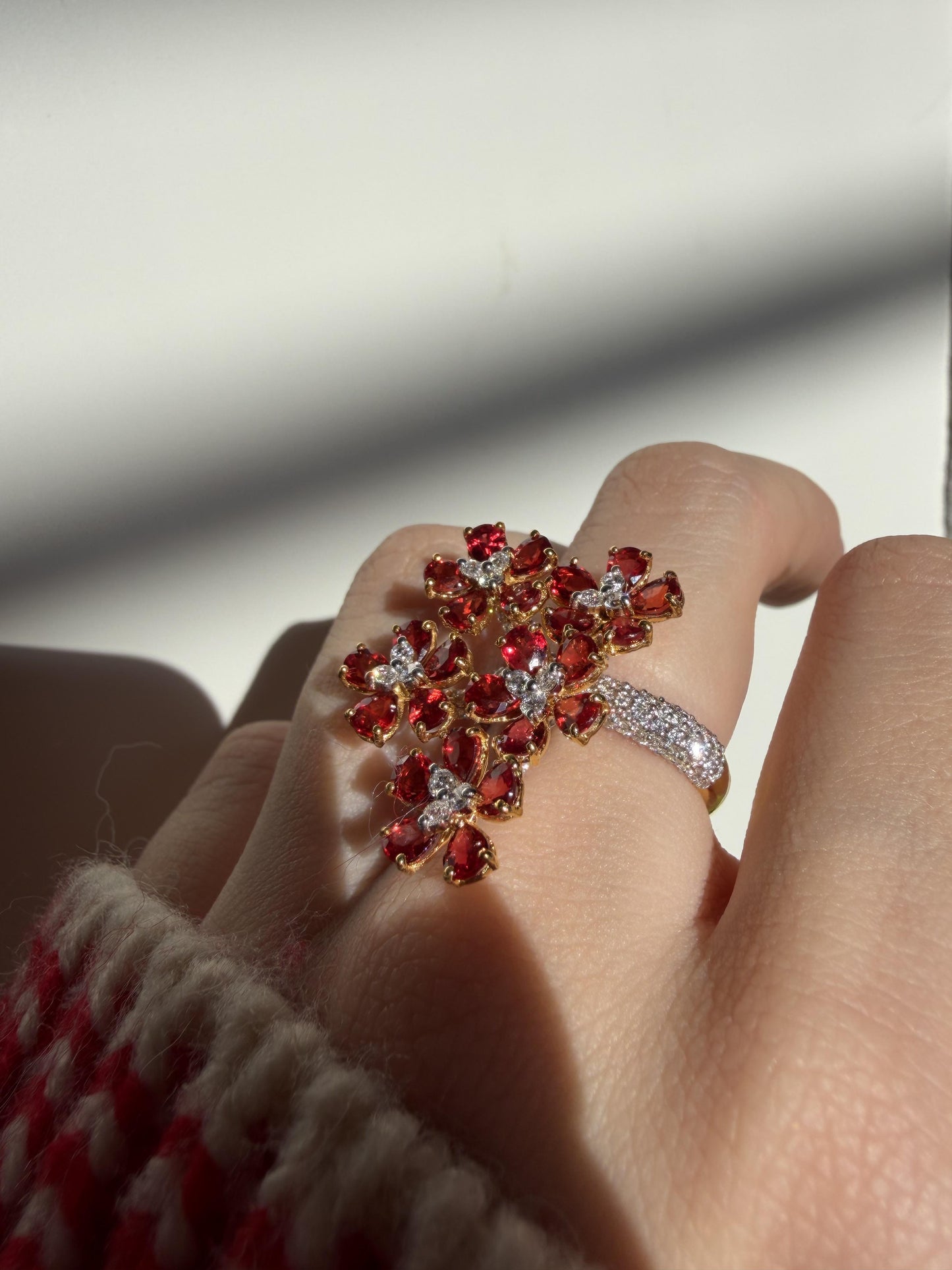 18K Yellow Gold 5.17 Carat Pear Cut Ruby and Diamond Flower Cocktail Ring