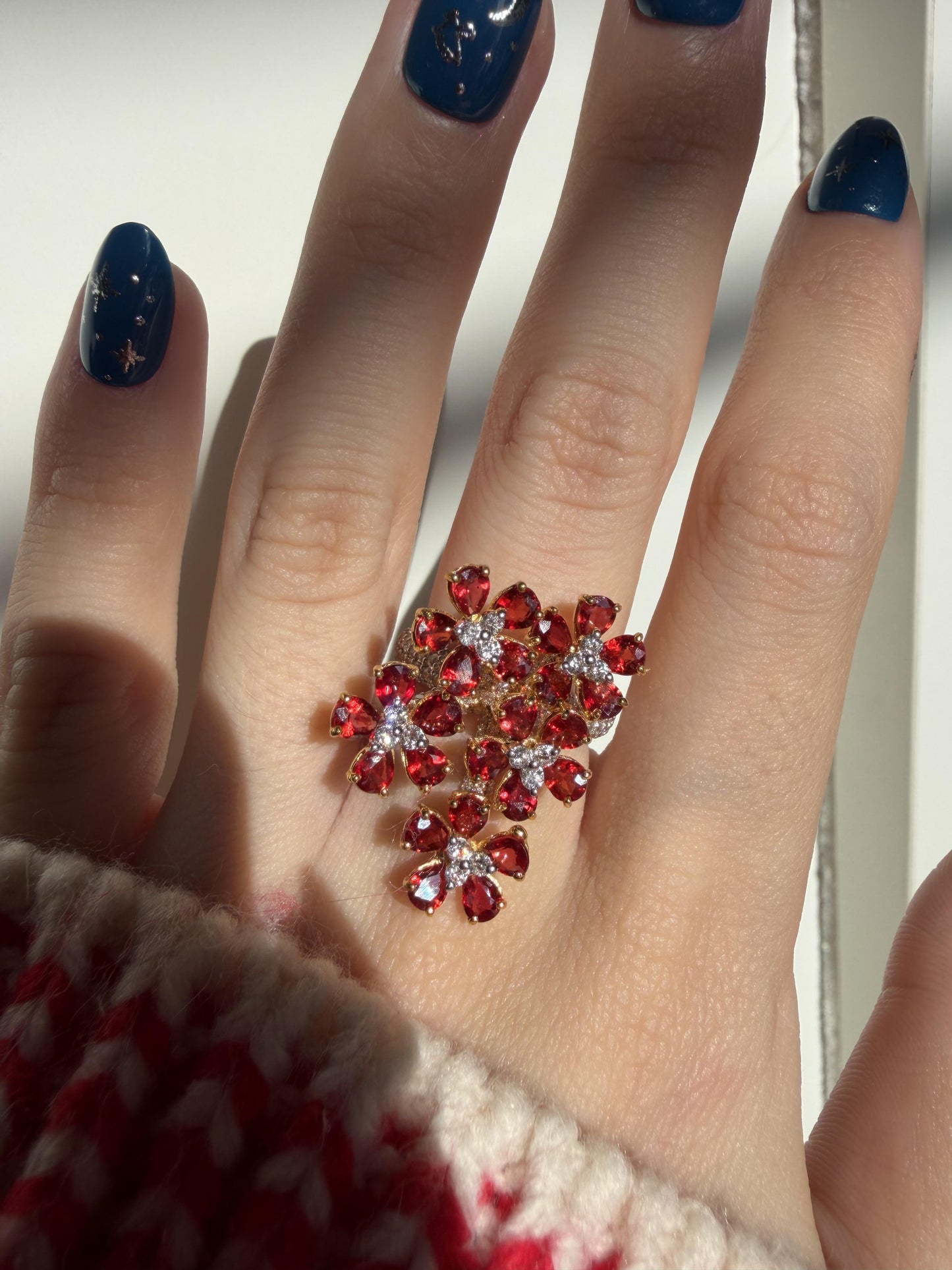 18K Yellow Gold 5.17 Carat Pear Cut Ruby and Diamond Flower Cocktail Ring