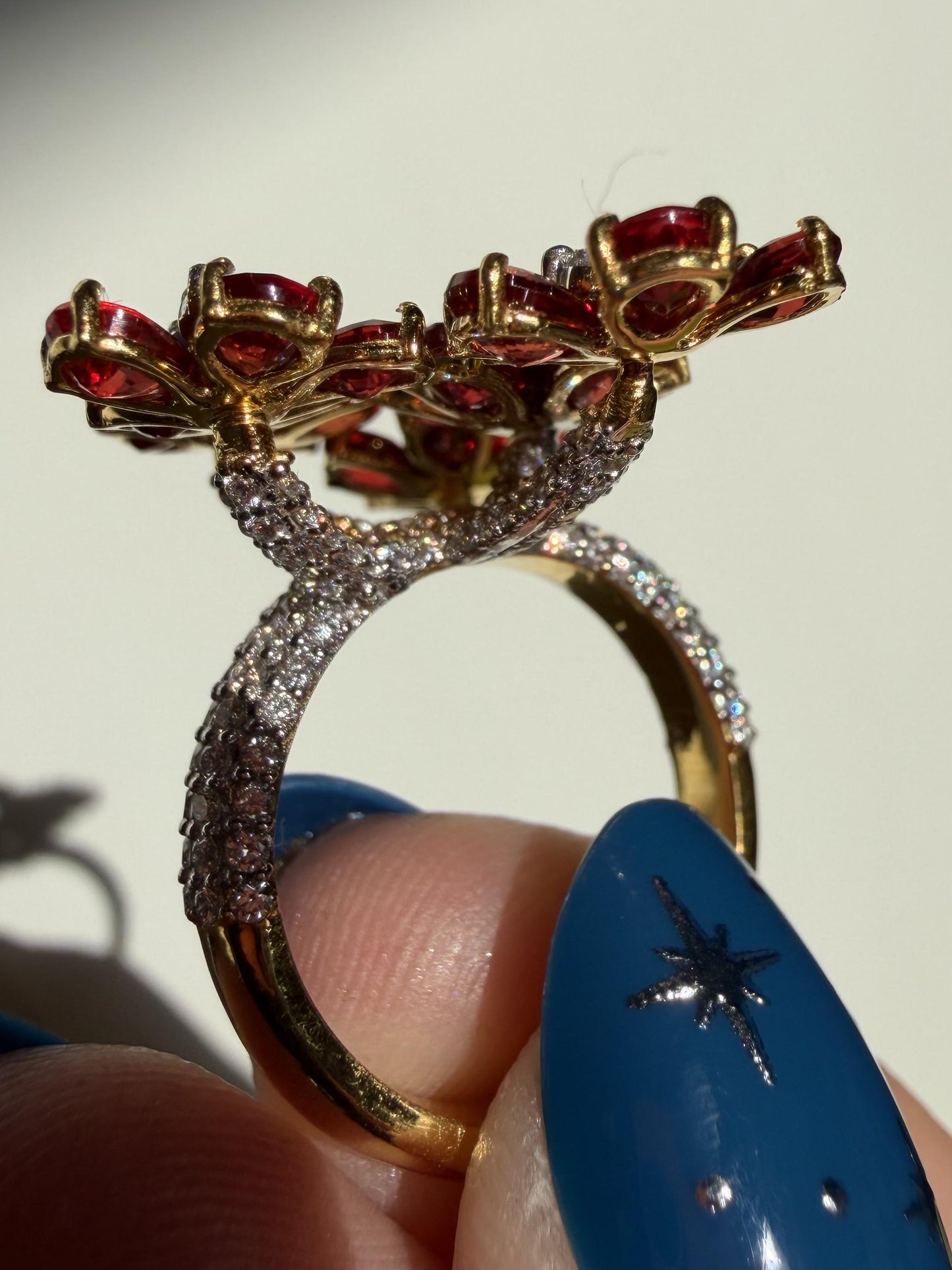 18K Yellow Gold 5.17 Carat Pear Cut Ruby and Diamond Flower Cocktail Ring