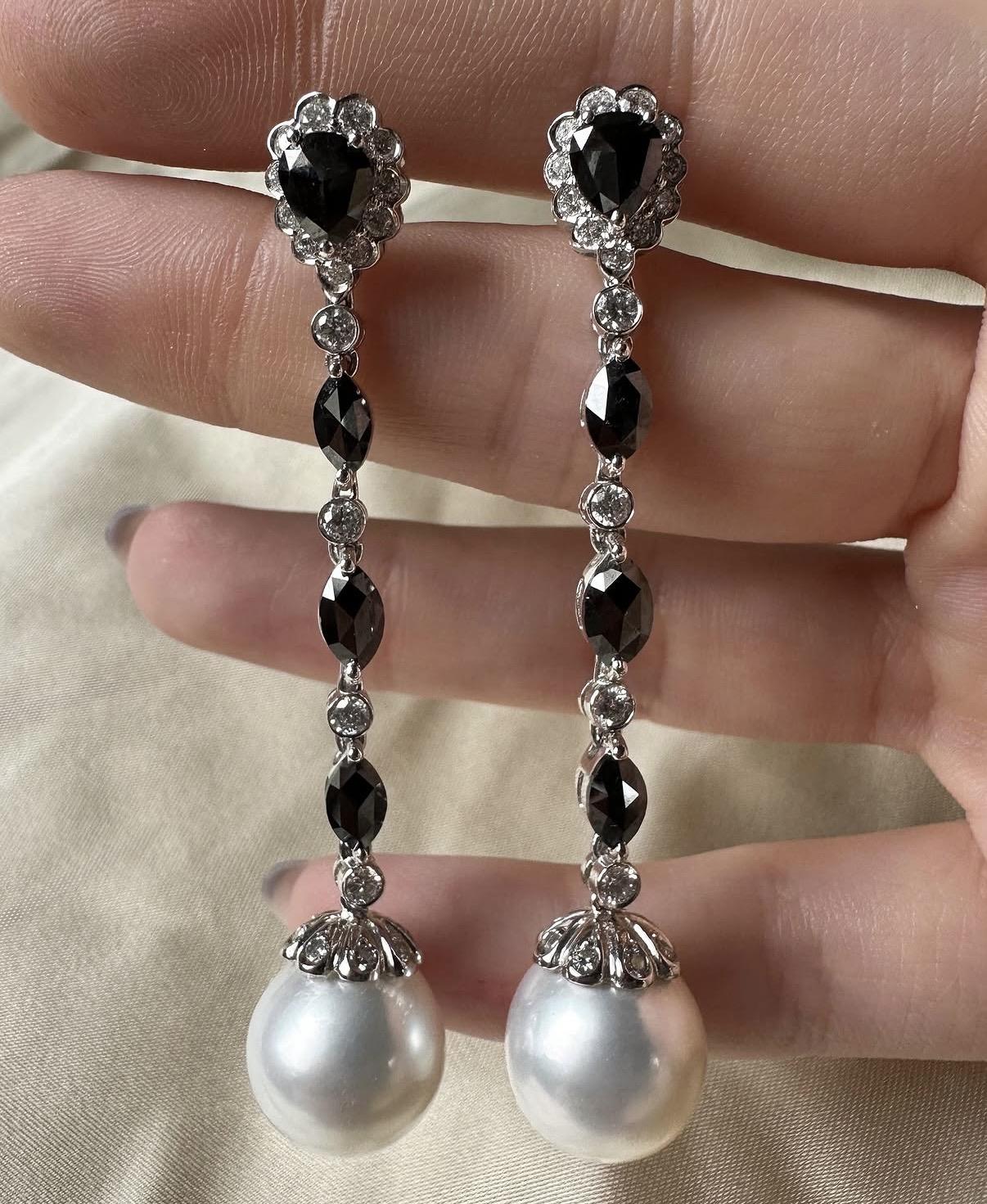 18K White Gold Marquise and Pear Cut Black and White Diamond Drop Earrings