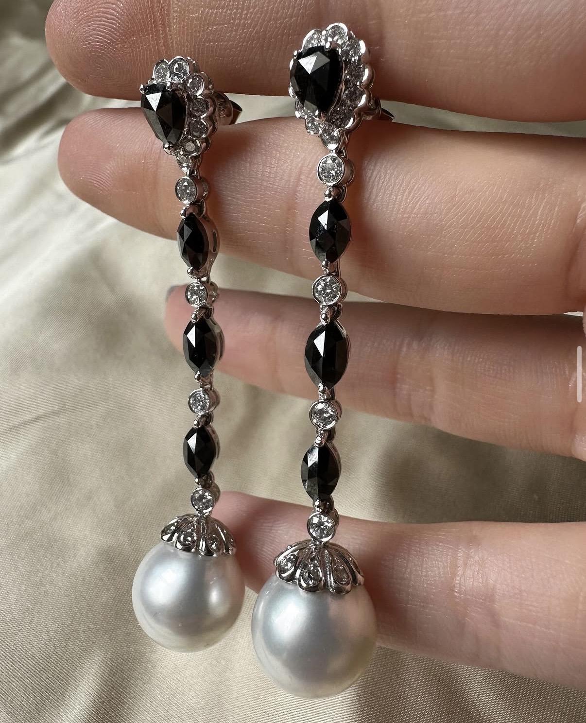 18K White Gold Marquise and Pear Cut Black and White Diamond Drop Earrings