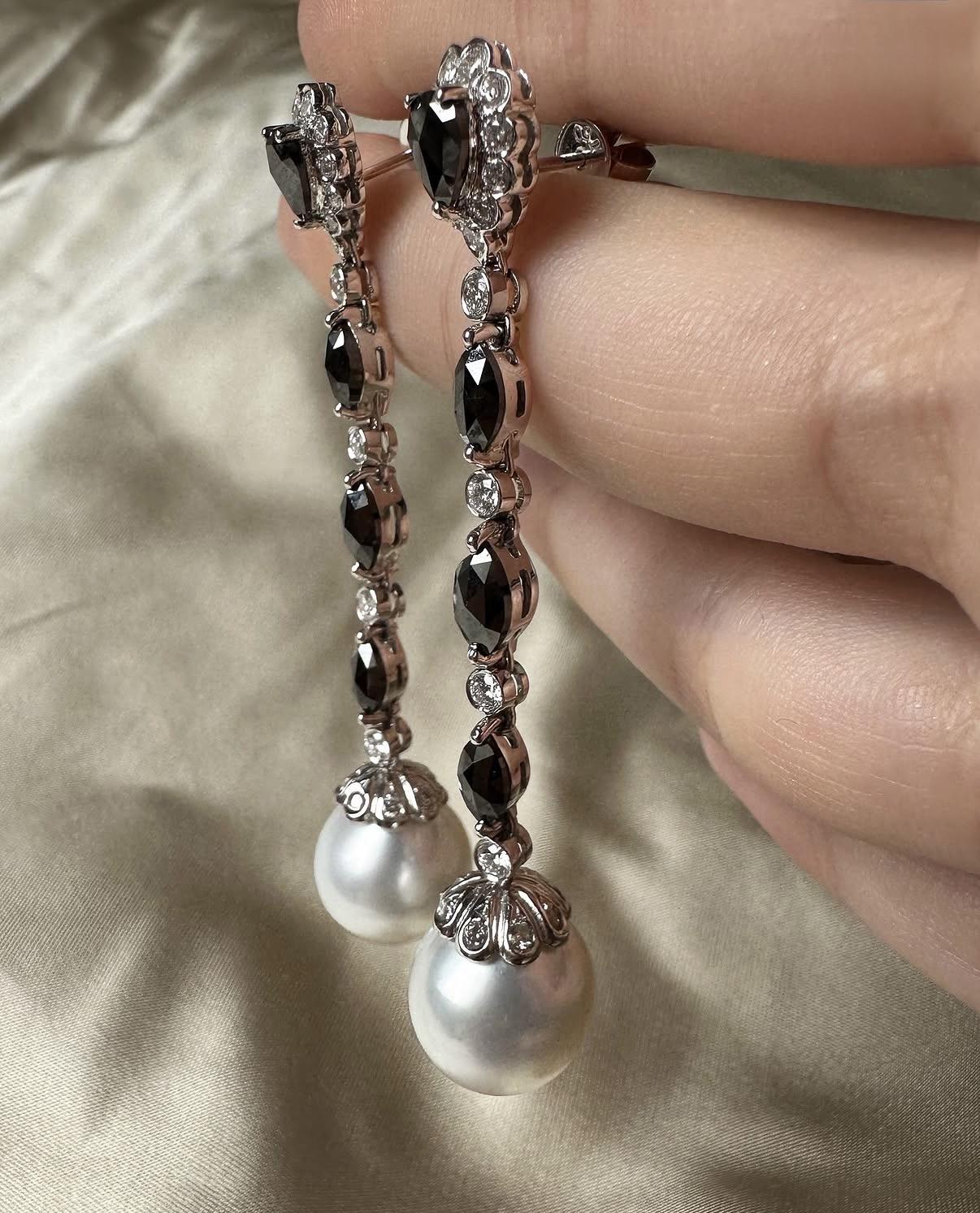 18K White Gold Marquise and Pear Cut Black and White Diamond Drop Earrings