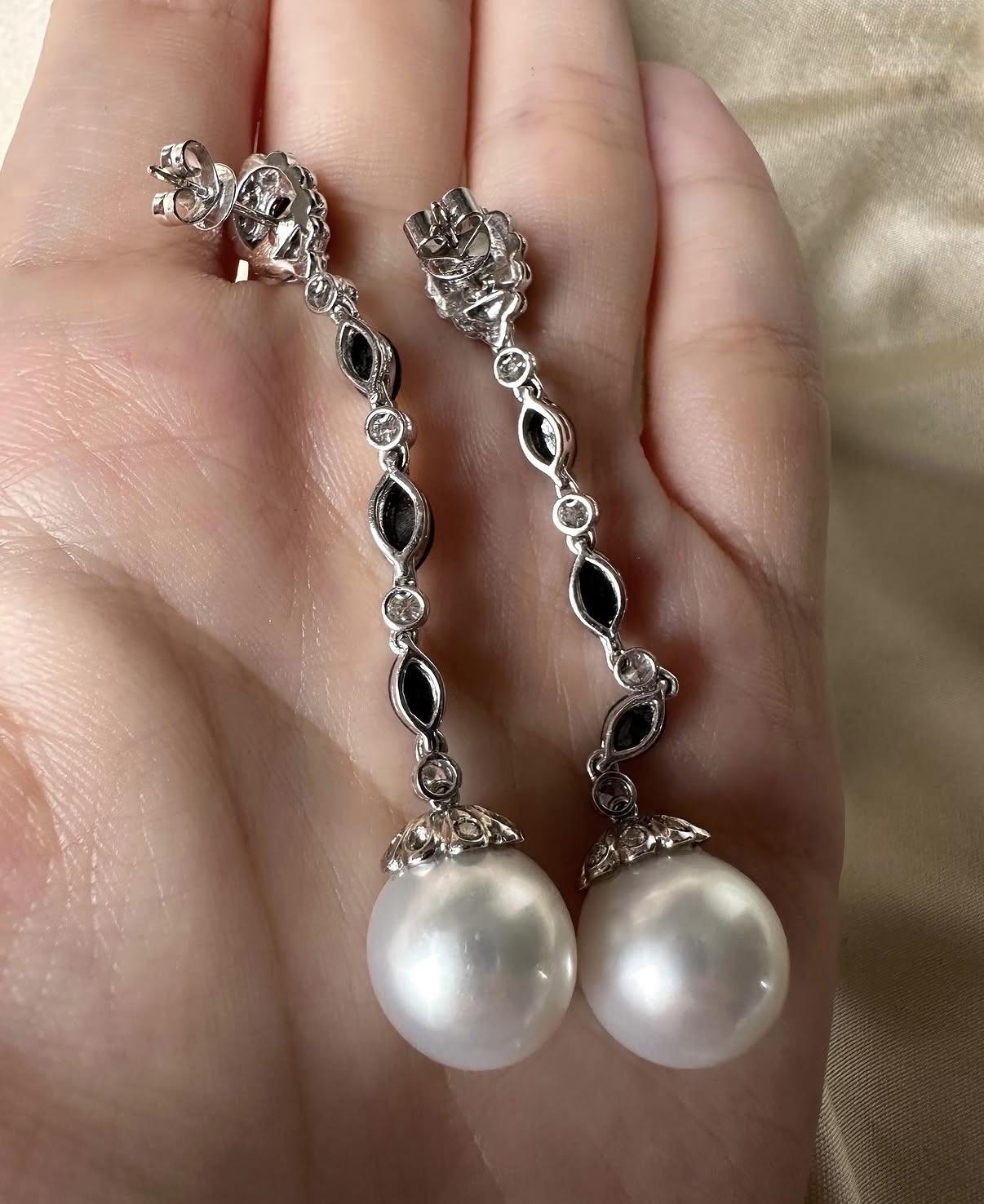 18K White Gold Marquise and Pear Cut Black and White Diamond Drop Earrings