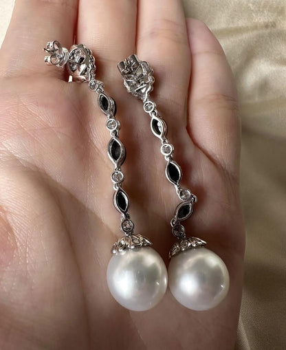 18K White Gold Marquise and Pear Cut Black and White Diamond Drop Earrings