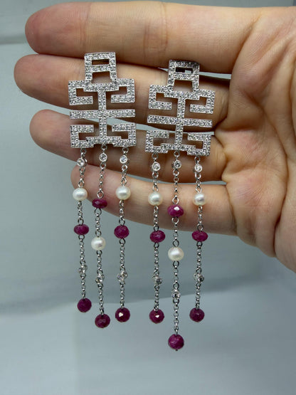 18k White Gold Diamond, Ruby Beads and Pearl Abstract Chandelier Drop Earrings