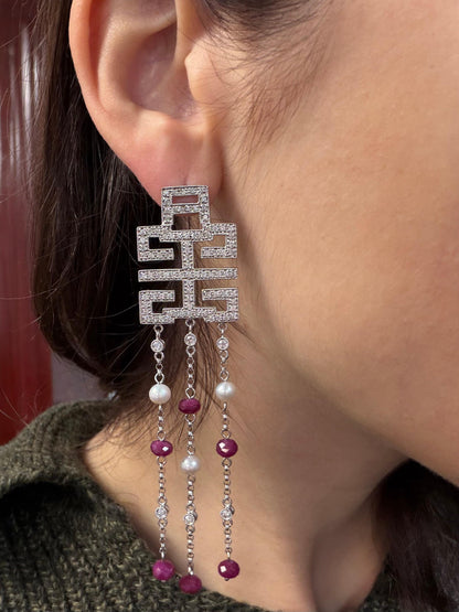 18k White Gold Diamond, Ruby Beads and Pearl Abstract Chandelier Drop Earrings