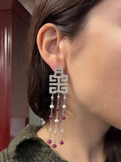 18k White Gold Diamond, Ruby Beads and Pearl Abstract Chandelier Drop Earrings