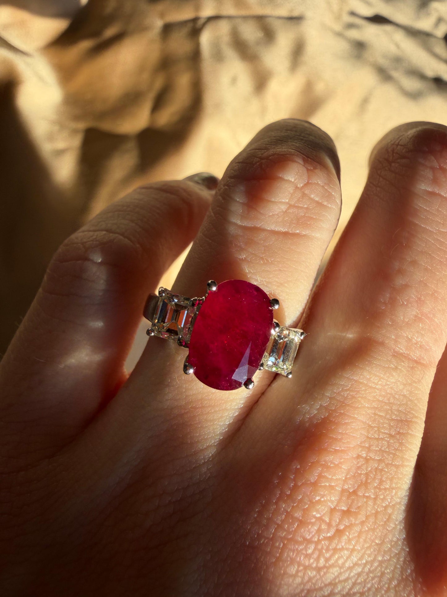 18K White Gold Asscher Cut Diamond and African Ruby Three Stone Ring - Size 6.75
