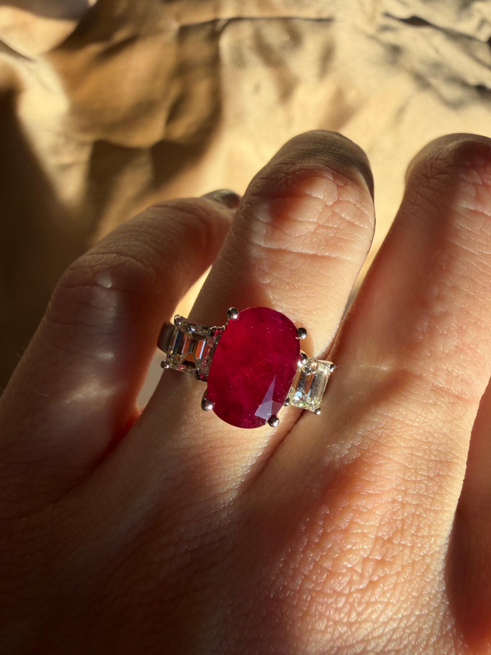 18K White Gold Asscher Cut Diamond and African Ruby Three Stone Ring - Size 6.75